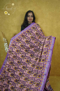 RCS1064 Light Pink Linen Cotton Saree with Geometric  Triangle Border