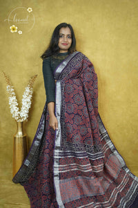 RCS1065 Deep purple Hand Block Ajrak Printed Linen Cotton Saree