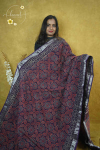RCS1065 Deep purple Hand Block Ajrak Printed Linen Cotton Saree