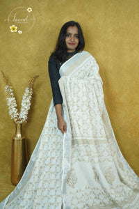 RCS1066 White Handblock Printed Linen Cotton Saree