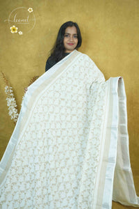 RCS1066 White Handblock Printed Linen Cotton Saree