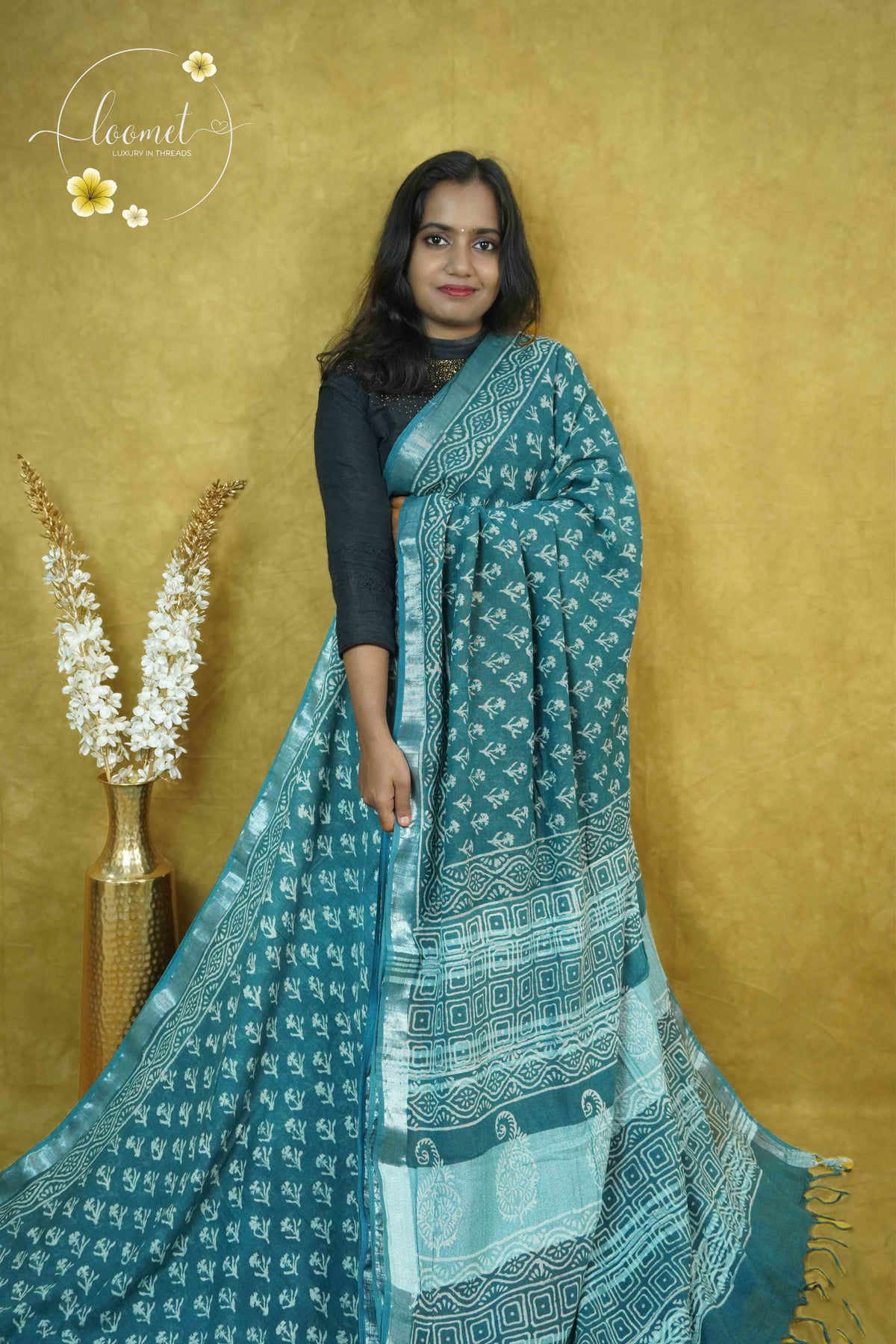 RCS1067 Deep Sea Green Hand Block printed Linen Cotton Saree