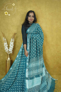 RCS1067 Deep Sea Green Hand Block printed Linen Cotton Saree
