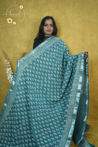 RCS1067 Deep Sea Green Hand Block printed Linen Cotton Saree