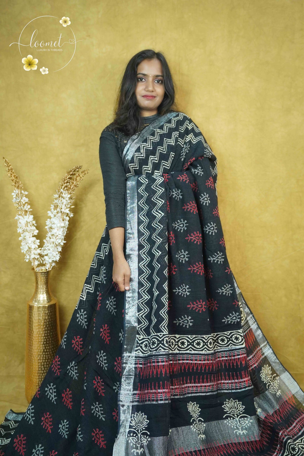 RCS1068 Black Hand Block Printed Linen Cotton Saree