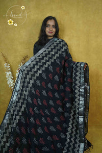 RCS1068 Black Hand Block Printed Linen Cotton Saree