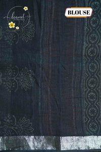 RCS1068 Black Hand Block Printed Linen Cotton Saree