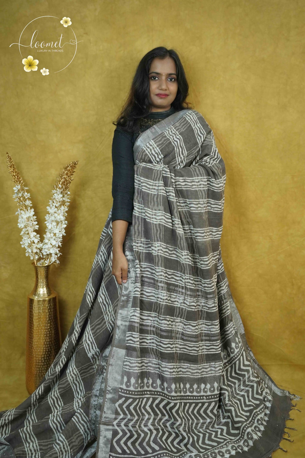 RCS1069 Deep Brown Hand Block Printed Linen Cotton Saree