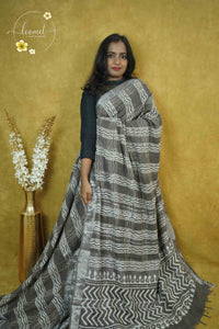 RCS1069 Deep Brown Hand Block Printed Linen Cotton Saree