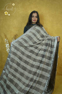 RCS1069 Deep Brown Hand Block Printed Linen Cotton Saree