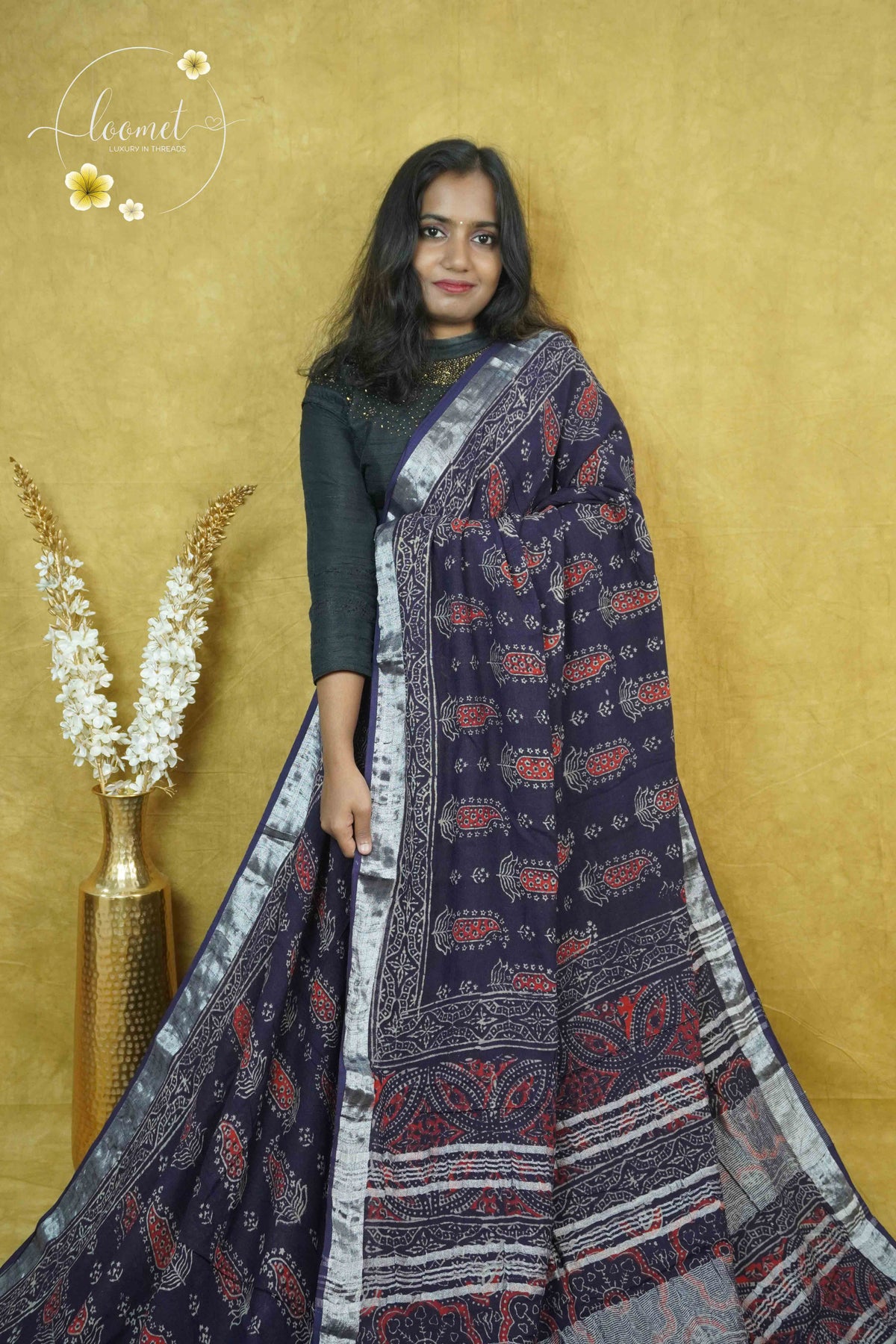 RCS1070 Navy Blue Hand Block Printed Linen Cotton Saree