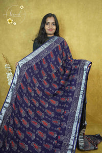 RCS1070 Navy Blue Hand Block Printed Linen Cotton Saree