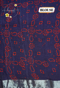 RCS1070 Navy Blue Hand Block Printed Linen Cotton Saree