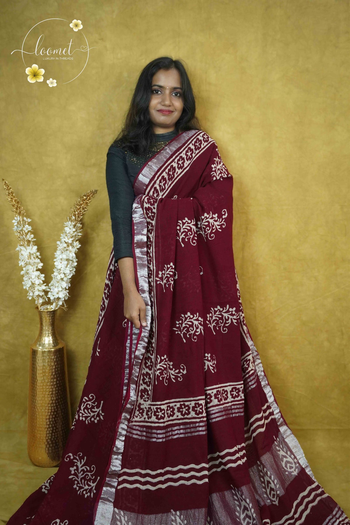 RCS1071 Deep Maroon Hand Block Printed Linen Cotton Saree