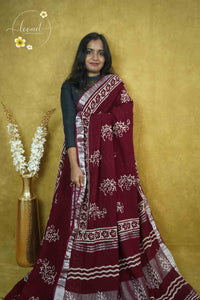 RCS1071 Deep Maroon Hand Block Printed Linen Cotton Saree