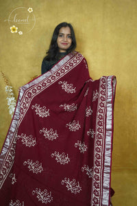 RCS1071 Deep Maroon Hand Block Printed Linen Cotton Saree