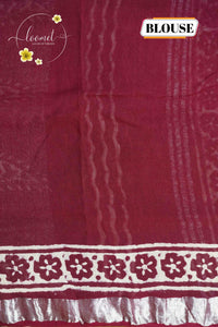 RCS1071 Deep Maroon Hand Block Printed Linen Cotton Saree