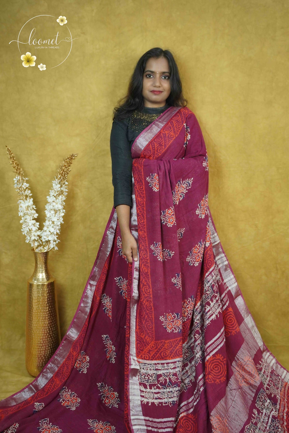 RCS1072 Maroon Hand Block Printed Linen Cotton Saree
