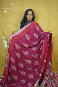 RCS1072 Maroon Hand Block Printed Linen Cotton Saree