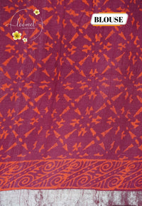 RCS1072 Maroon Hand Block Printed Linen Cotton Saree
