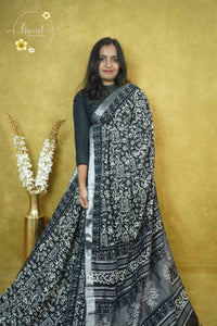 RCS1073 Black Hand Block Printed Linen Cotton Saree