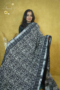 RCS1073 Black Hand Block Printed Linen Cotton Saree