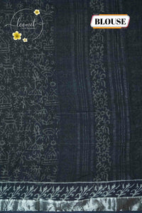 RCS1073 Black Hand Block Printed Linen Cotton Saree