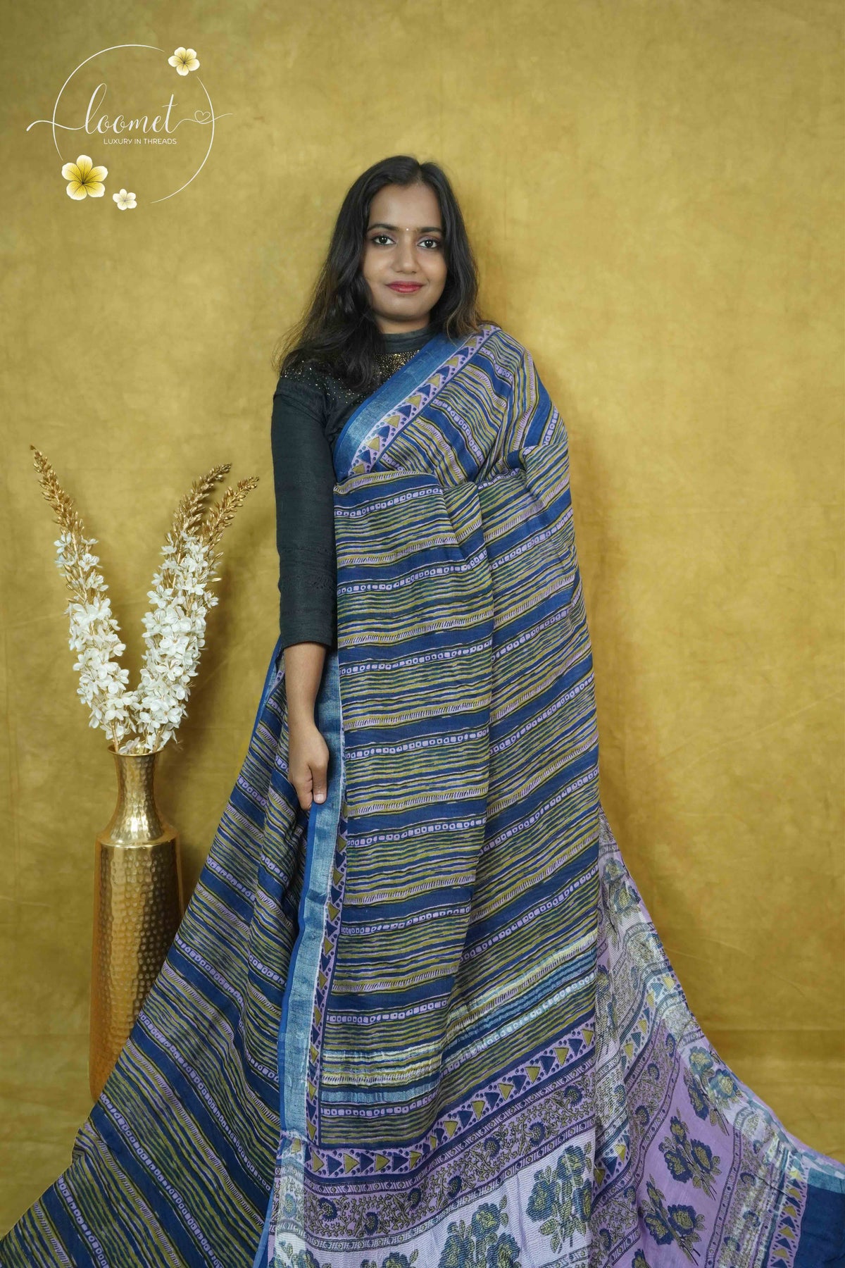 RCS1074 Deep Indigo Hand Block Printed Linen Cotton Saree