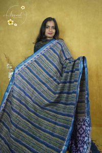 RCS1074 Deep Indigo Hand Block Printed Linen Cotton Saree