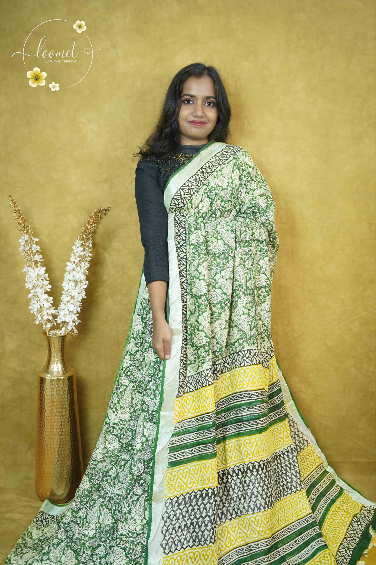 RCS1075 Dark Green Hand Block Printed Linen Cotton Saree