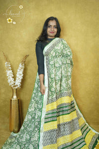 RCS1075 Dark Green Hand Block Printed Linen Cotton Saree
