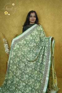 RCS1075 Dark Green Hand Block Printed Linen Cotton Saree