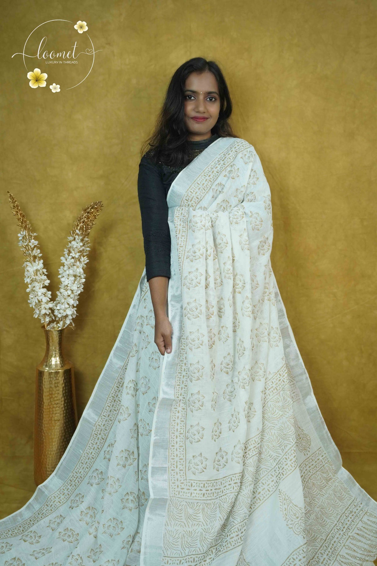 RCS1076 White Handblock Printed Linen Cotton Saree