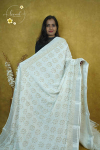 RCS1076 White Handblock Printed Linen Cotton Saree