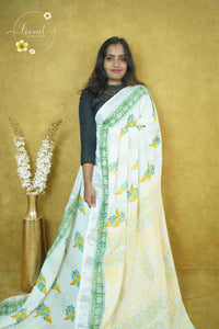 RCS1077 White & green Handblock Printed Linen Cotton Saree