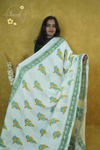 RCS1077 White & green Handblock Printed Linen Cotton Saree