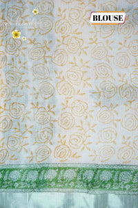 RCS1077 White & green Handblock Printed Linen Cotton Saree