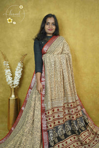 RCS1078 Beige Handblock Printed Linen Cotton Saree with kalamkari pattern