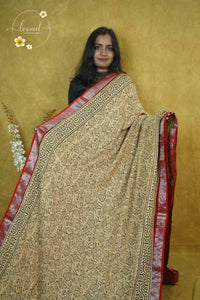 RCS1078 Beige Handblock Printed Linen Cotton Saree with kalamkari pattern