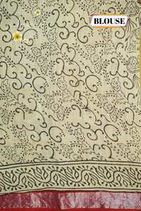 RCS1078 Beige Handblock Printed Linen Cotton Saree with kalamkari pattern