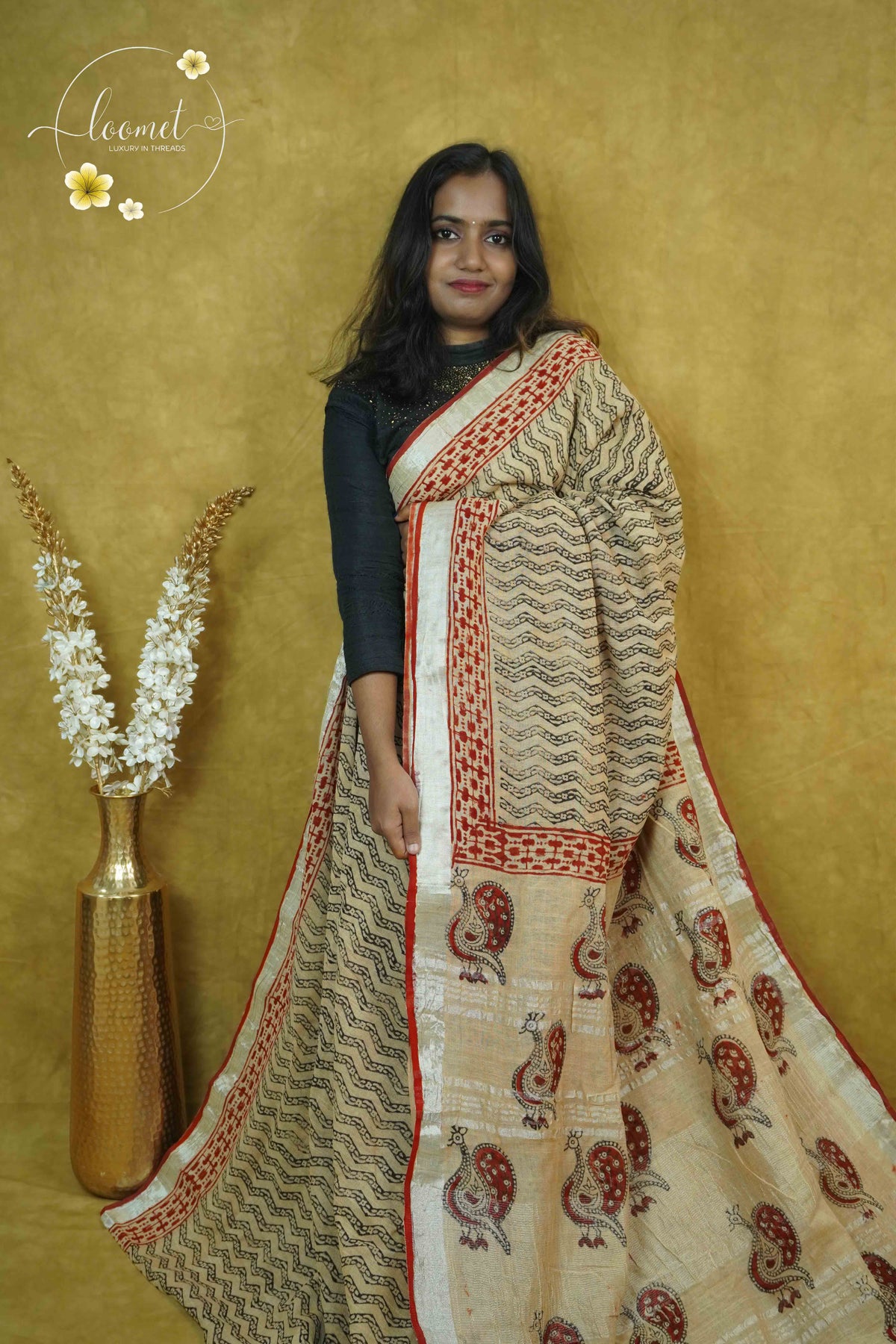 RCS1079 Beige Handblock Printed Linen Cotton Saree