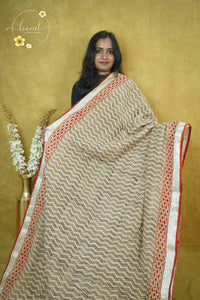 RCS1079 Beige Handblock Printed Linen Cotton Saree