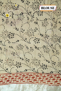 RCS1079 Beige Handblock Printed Linen Cotton Saree