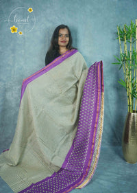 RCS2061 Cream Handblock Printed Chanderi silk cotton with stripe pattern