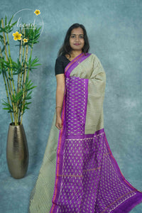 RCS2061 Cream Handblock Printed Chanderi silk cotton with stripe pattern