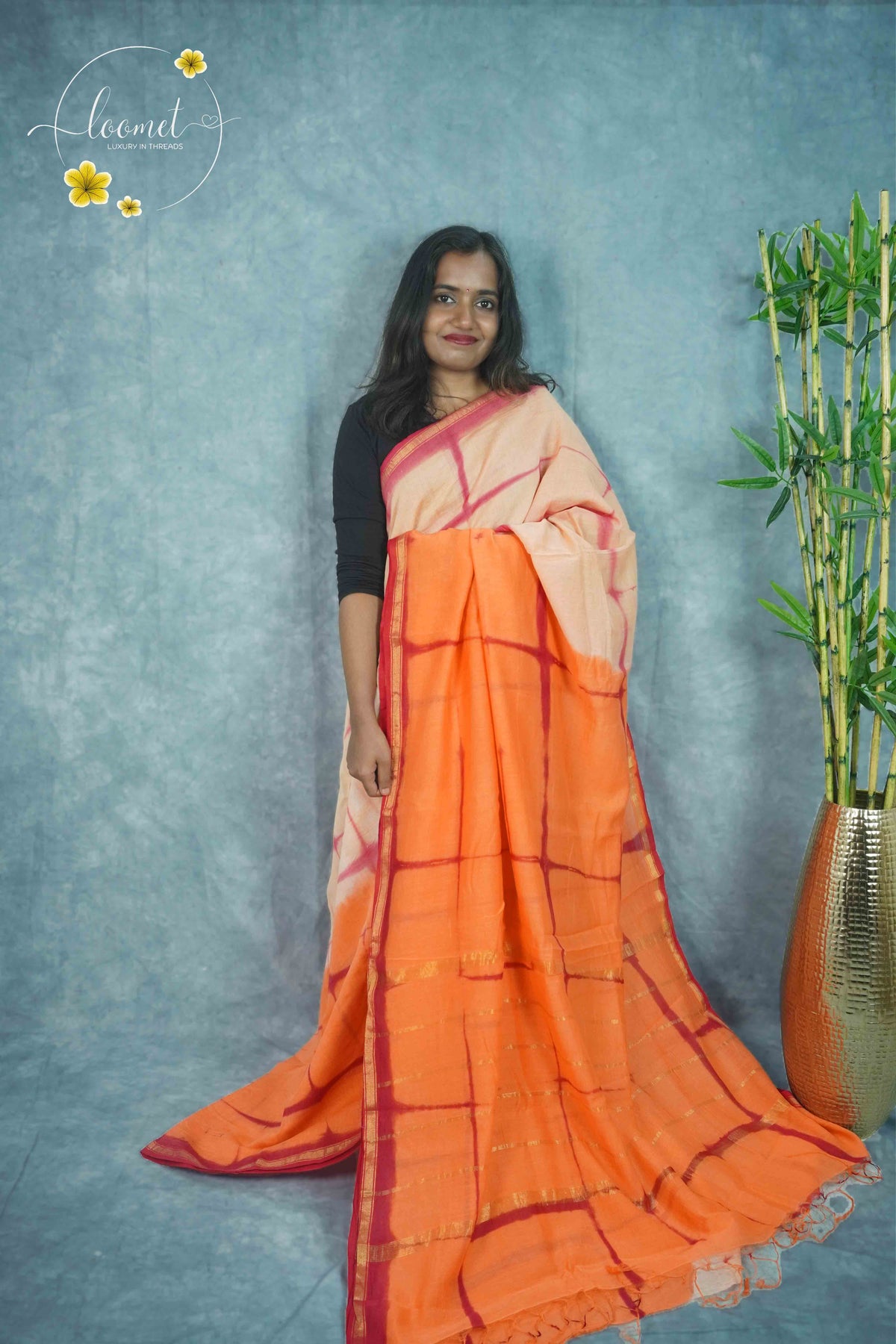 RCS2062 Orange HandBlock Printed Chanderi silk cotton with Tie-Dye grid pattern