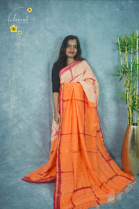 RCS2062 Orange HandBlock Printed Chanderi silk cotton with Tie-Dye grid pattern