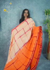 RCS2062 Orange HandBlock Printed Chanderi silk cotton with Tie-Dye grid pattern