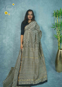 RCS2063 Black HandBlock Printed Chanderi silk cotton with zigzag