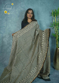 RCS2063 Black HandBlock Printed Chanderi silk cotton with zigzag
